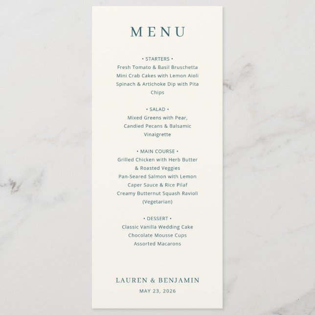 Menu Minimaliste Élégant Bleu Marine (Devant)