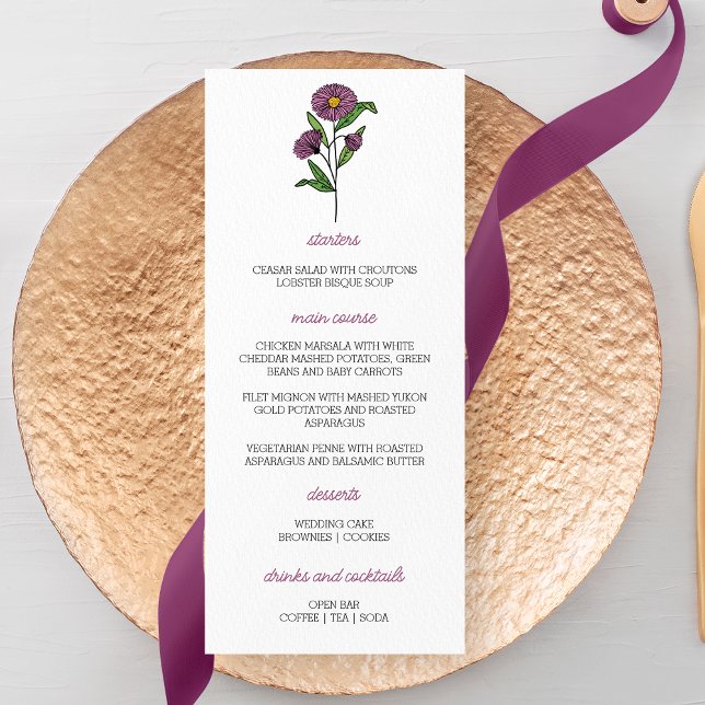 Menu minimaliste Mariage d'aster violet (Créateur téléchargé)