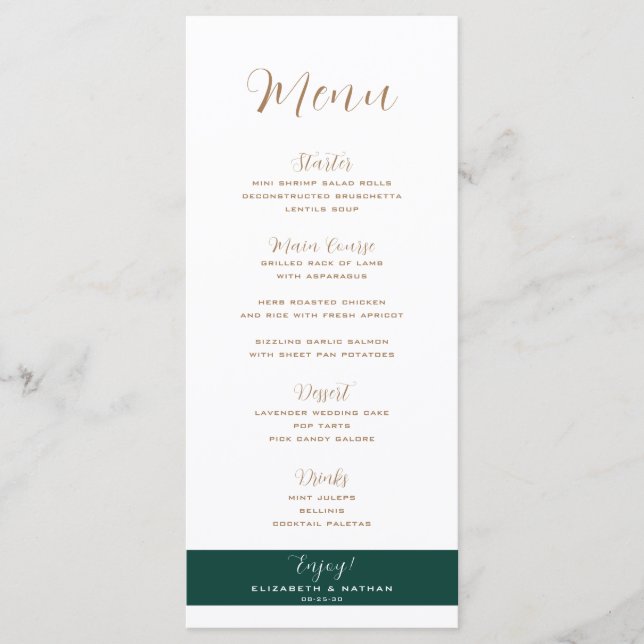 Menu minimaliste Mariage Emerald Green & Gold (Devant)