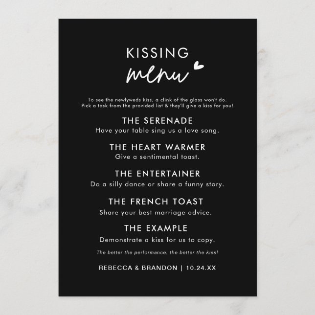 Menu minimaliste Mariage noir moderne Kiss (Devant)