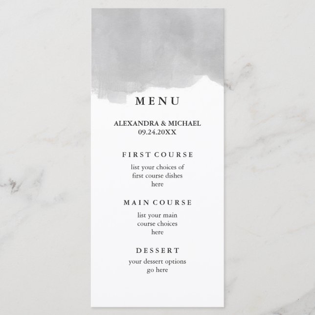 Menu minimaliste moderne gris Mariage d'aquarelle (Devant)