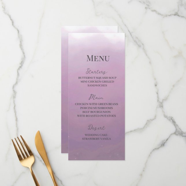 Menu Minimaliste moderne Lavender Ombré Mariage (Devant/Arrière en situation)