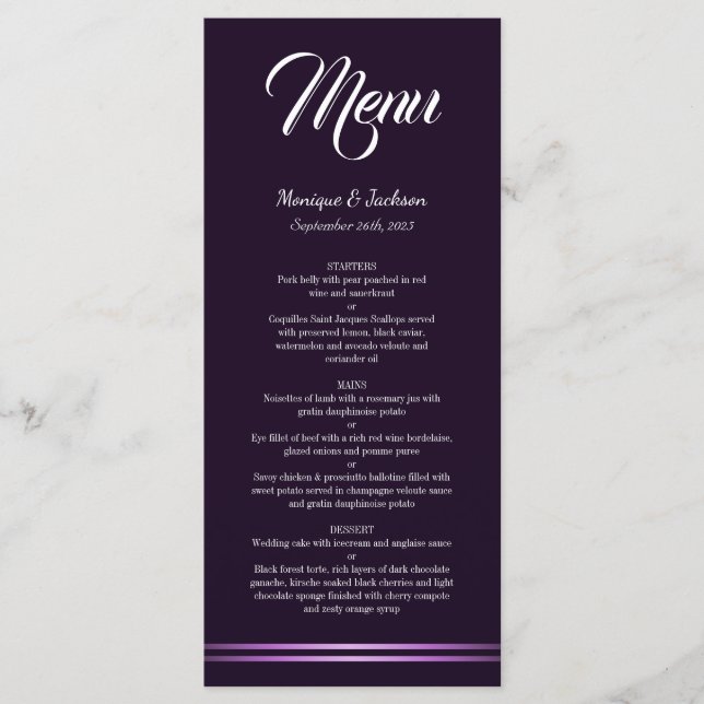 Menu minimaliste moderne Mariage violet (Devant)