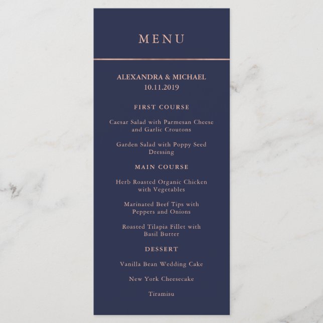 Menu Minuit Bleu et Faux Rose Gold Bordure (Devant)