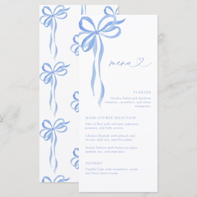 Menu Modern Blue Bow Watercolor Script Bridal Shower (Devant / Derrière)