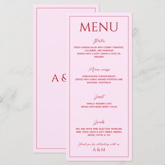 Menu Modern blush pink and red minimalist wedding (Devant / Derrière)