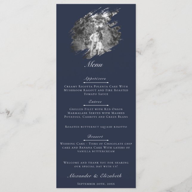 Menu Modern Brushstroke Photo Wedding | Navy Blue (Devant)