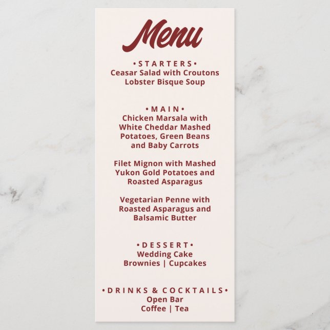 Menu Modern Burgundy Bold Funky Retro Unique Wedding  (Devant)