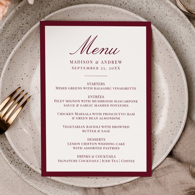 Menu Modern Burgundy Border Wedding (Créateur téléchargé)