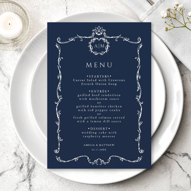 Menu Modern Classic French Frame Wedding Navy Blue (Créateur téléchargé)