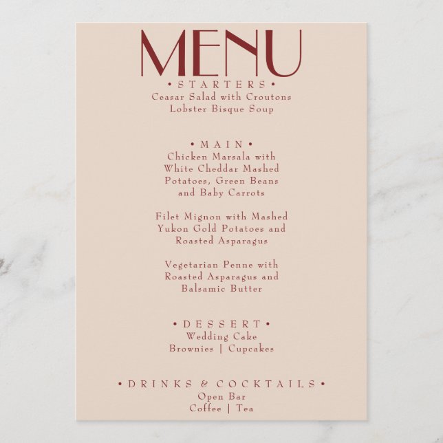 Menu Modern Deep Red Retro Whimsical Fun Wedding (Devant)