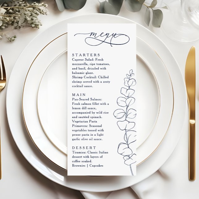 Menu Modern Eucalyptus Navy Blue & White Wedding Dinner (Créateur téléchargé)