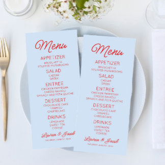 Menu Modern Minimal Minimalist Blue and Red Wedding