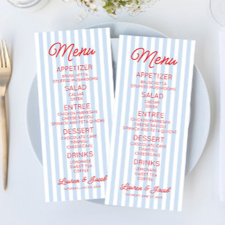 Menu Modern Minimal Minimalist Blue Stripes Red Wedding