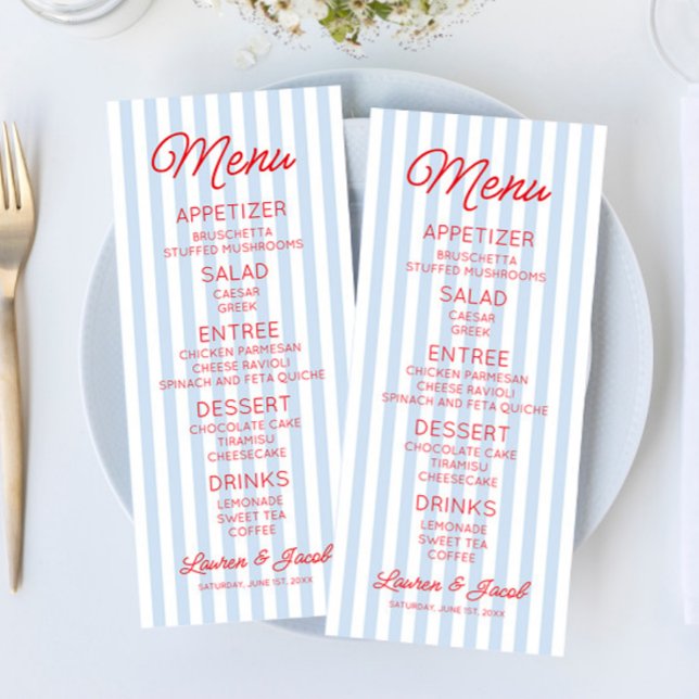 Menu Modern Minimal Minimalist Blue Stripes Red Wedding (Créateur téléchargé)