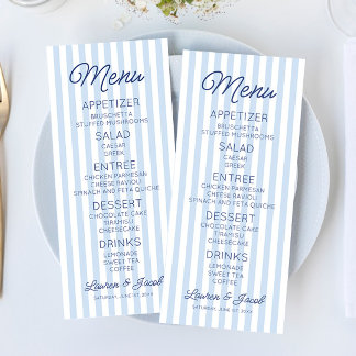 Menu Modern Minimal Minimalist Blue Stripes Wedding