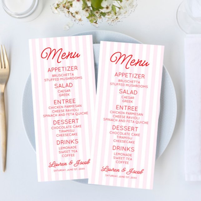 Menu Modern Minimal Minimalist Pink Stripes Red Wedding (Créateur téléchargé)