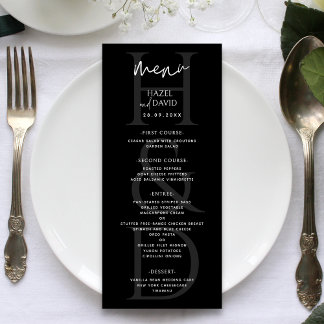 Menu Modern Minimalist Black and White Monogram Wedding