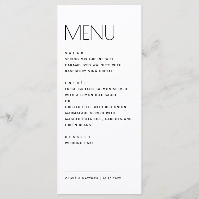 Menu Modern Minimalist Wedding. Simple Clean Typography (Devant)