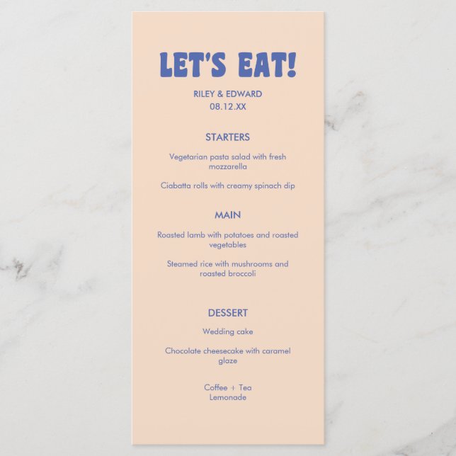 Menu Modern Retro Blue & Beige 'Let's Eat!' Wedding (Devant)