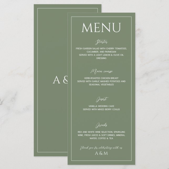 Menu Modern sage green minimalist wedding (Devant / Derrière)