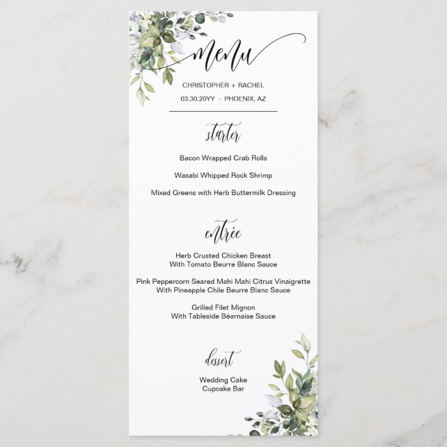 Menu Modern Script Greenery Garden Mariage (Devant)