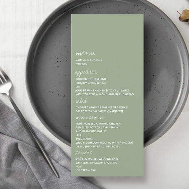 Menu Modern Script Sage Green Minimalistic Wedding (Créateur téléchargé)
