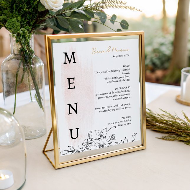 Menu Moderne avec Aquarelle Bleue et Flore Noire (Modern with Blush Watercolor and Black Florals Menu)