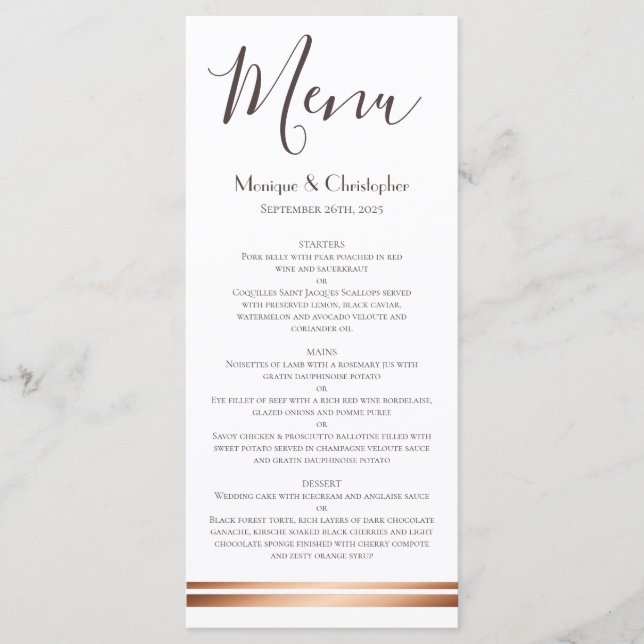Menu moderne blanc et Mariage en cuivre (Devant)