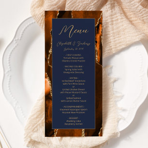 Menu Moderne Brûlé Orange Or Agate Marine Mariage bleu