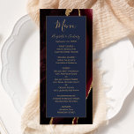 Menu Moderne Burgundy Gold Agate Marine Blue Mariage Me<br><div class="desc">Cet élégant menu mariage moderne comprend un arrière - plan d'agate bordeaux aquarelle orné d'une fausse parties scintillant dorée. Le texte apparaît dans une écriture manuscrite élégante de couleur or et des polices de caractères sur un rectangle bleu marine. La conception de l'agate est répétée à l'envers.</div>