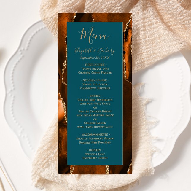Menu Moderne Burnt Orange Or Agate Turquoise Mariage (Créateur téléchargé)