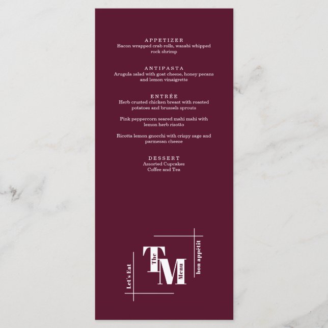 Menu Moderne Chic Bourgogne Minimaliste Merci Mariage (Devant)