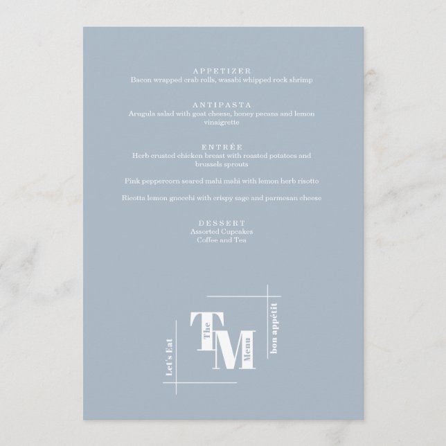 Menu Moderne Chic Dusty Bleu Minimal Merci Mariage (Devant)