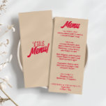 Menu Moderne Colorful Gras Funky Rétro Unique Mariage<br><div class="desc">Un menu coloré rétro moderne pêche jaune mariage menu pour le dîner. Ce qui présente un design modèle chic de boho vintage rose doux arrière - plan et rouge magenta audacieux typographie.Parfait et assorti à toute la suite.</div>