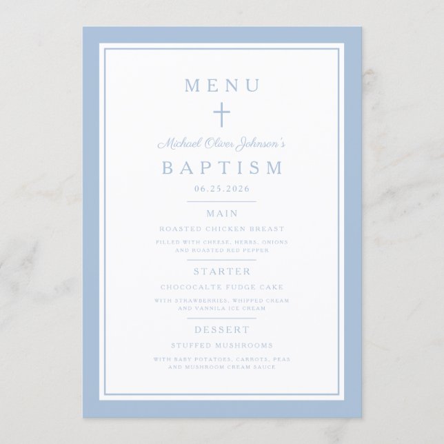 Menu Moderne de Baptême pour Garçon Croix Bleu Béb (Devant)