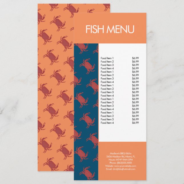 Menu Moderne de Fruits de Mer et de Crabe pour Res (Devant / Derrière)