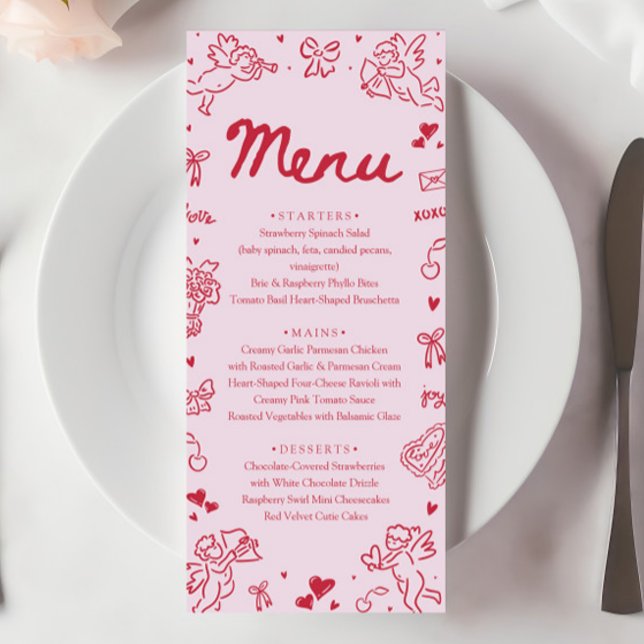 Menu moderne de la Saint-Valentin à coeurs roses e (Modern Pink Red Hearts Hand Drawn Valentine Menu)