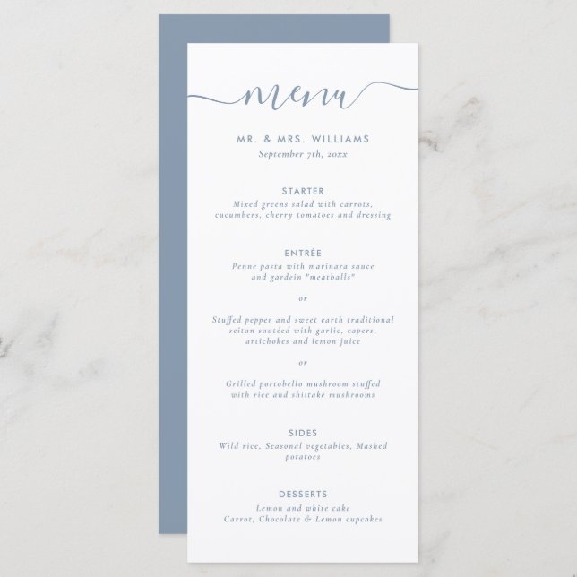 Menu moderne Dusty Blue Mariage (Devant / Derrière)