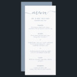 Menu moderne Dusty Blue Mariage<br><div class="desc">Élégant menu personnalisé bleu mariage avec une police de script moderne. Personnalisez facilement en ligne. Des articles assortis sont disponibles pour compléter ce menu minimaliste mariage bleu poussiéreux.</div>