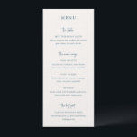 Menu Moderne Écriture Manuscrite Bleue Élégante de Mari<br><div class="desc">Menu de mariage élégant avec un design simple et classique avec des en-têtes dans une écriture moderne et le reste du texte dans une combinaison de polices serif traditionnelles et italiques.</div>