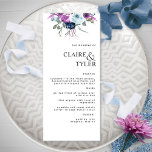 Menu Moderne Elegant chic violet et Mariage floral bleu<br><div class="desc">Offrez à vos invités cette carte de menu de mariage élégante et moderne. Design avec délicat détail de couleur aquarelle fleurie sur le dessus dans un beau mélange de teintes violettes et bleues. Utilisation de la typographie moderne en noir. Possibilité de personnaliser toutes les sections de texte à l'aide des...</div>