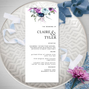 Menu Moderne Elegant chic violet et Mariage floral bleu
