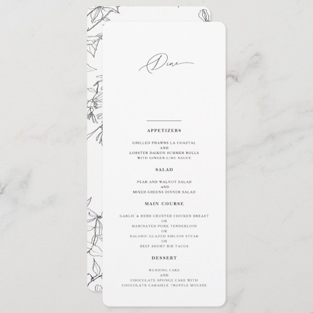 Menu Moderne Elegant Floral Line Mariage (Devant / Derrière)