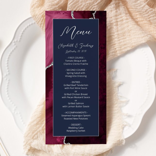 Menu Moderne mariage bordeaux argent agate bleu marine (Créateur téléchargé)