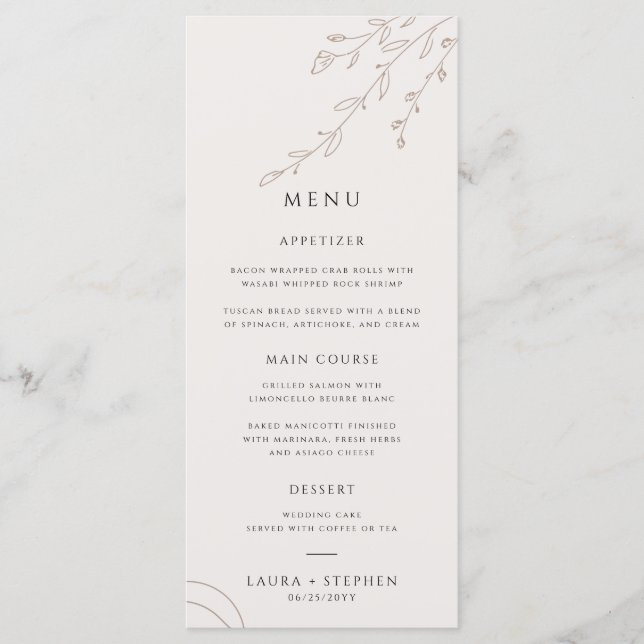 Menu moderne Mariage botanique beige neutre (Devant)
