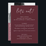 Menu moderne Merlot Mariage avec retour photo<br><div class="desc">Merlot / Bourgogne / Vin Menu Mariage : Ce menu mariage moderne comporte du texte manuscrit sur un arrière - plan merlot au premier plan avec la photo du couple et un message de remerciement au dernier plan. C'est le menu mariage recto verso idéal pour servir à la fois de...</div>