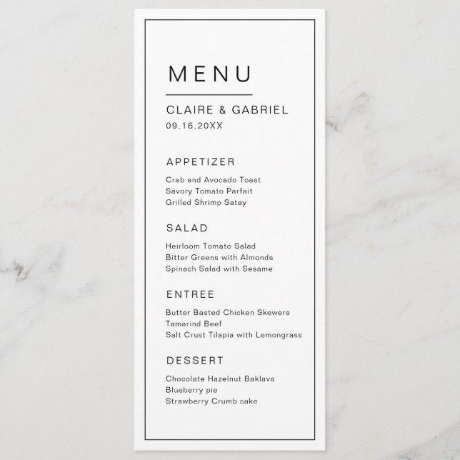 Menu moderne minimaliste noir et blanc mariage (Devant)