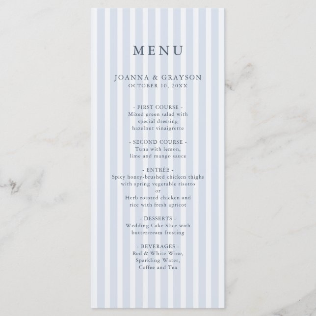 Menu Moderne Rayures Classiques Bleu Poussiéreux Mariag (Devant)
