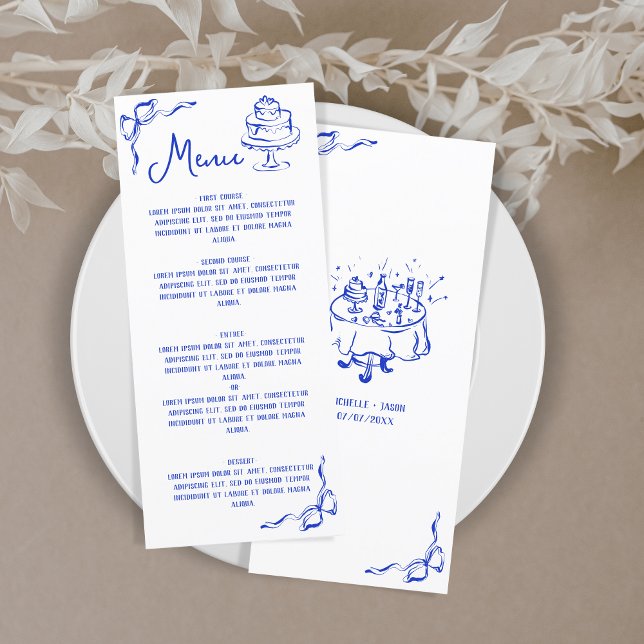 Menu Moderne Retro Whimsical Bleu Main Tirée Bow (Créateur téléchargé)